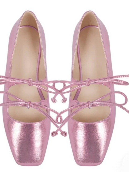 OnlyMaker Shoes - OnlyMaker Metallic Pink Lace-Up Ballet Flats